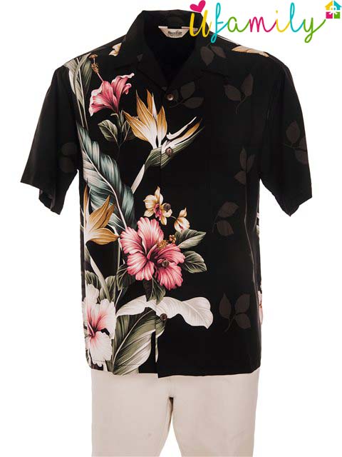 Tropical Flowers Black Hawaiian Shirt Men
