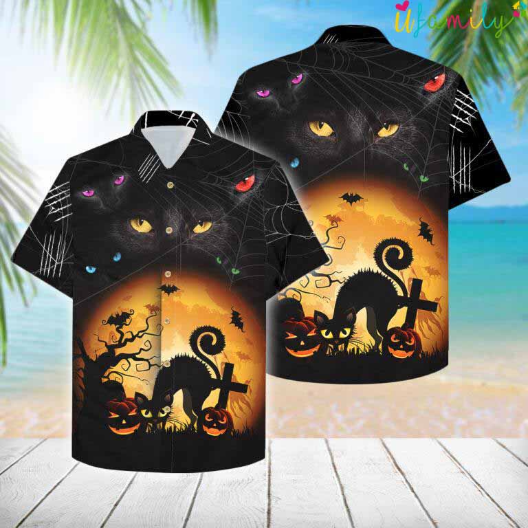 Black Cat Bat Pumpkin Halloween Hawaiian Shirt