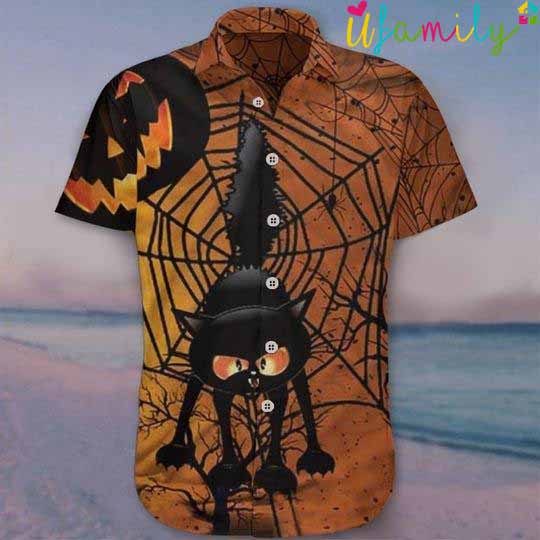 Black Cat Cute Spiderweb Halloween Hawaiian Shirt