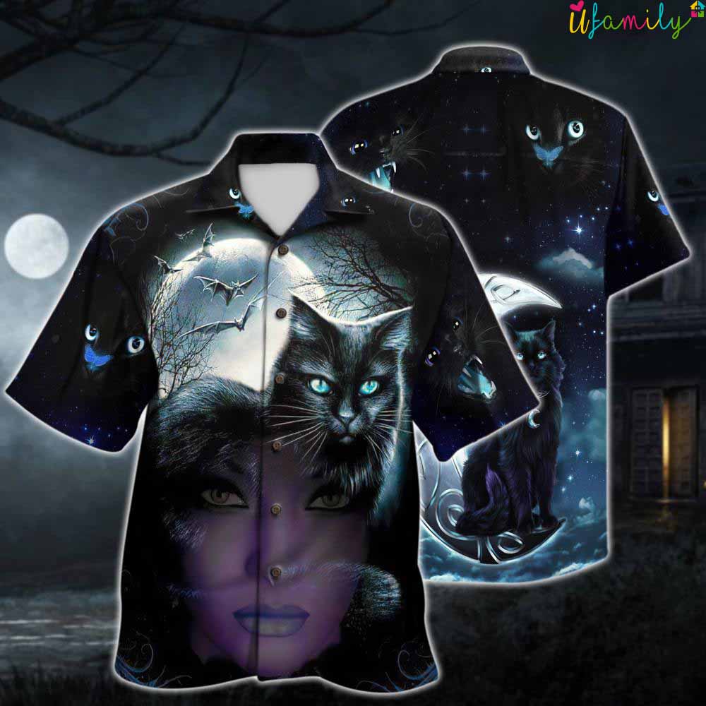 Black Cat Witch Purple Halloween Hawaiian Shirt