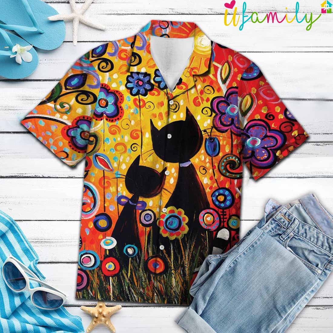 Couple Black Cat Paradise Hawaiian Shirt