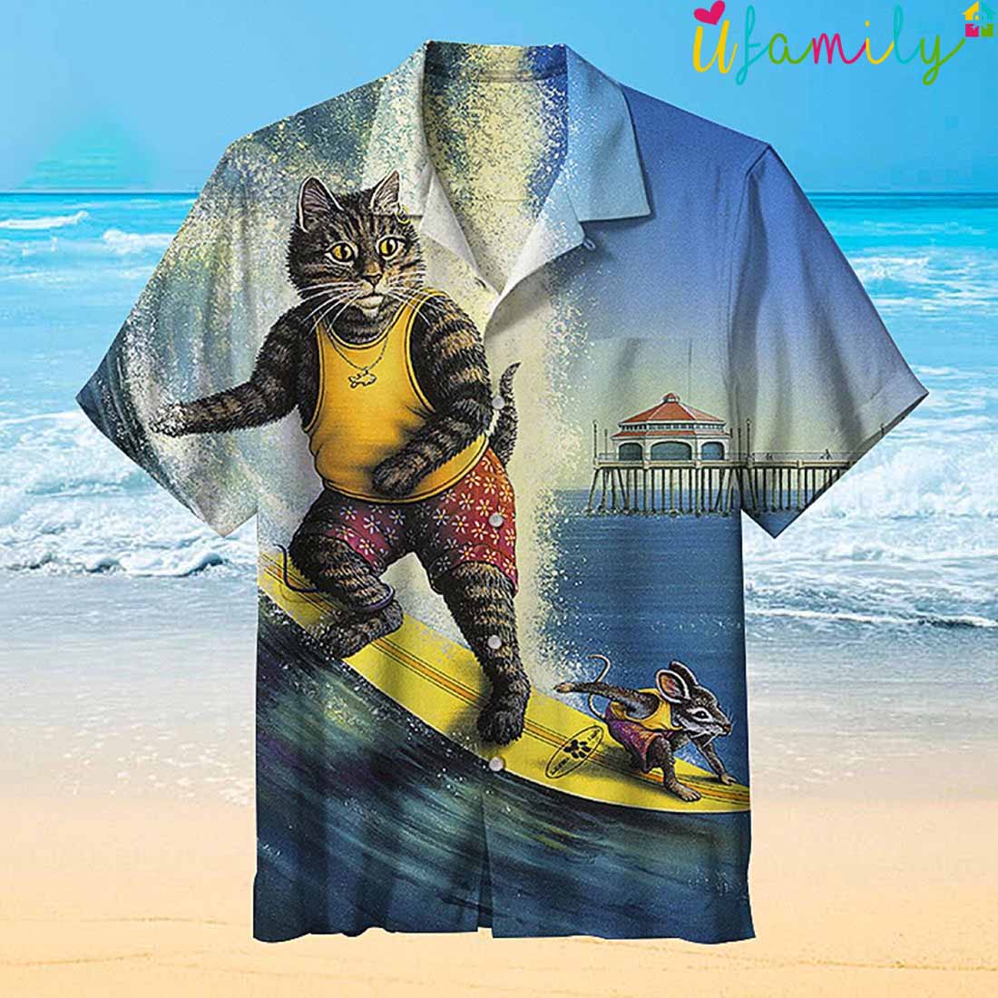 Funny Cat And Mouse Surfing Hawaiian Shirt