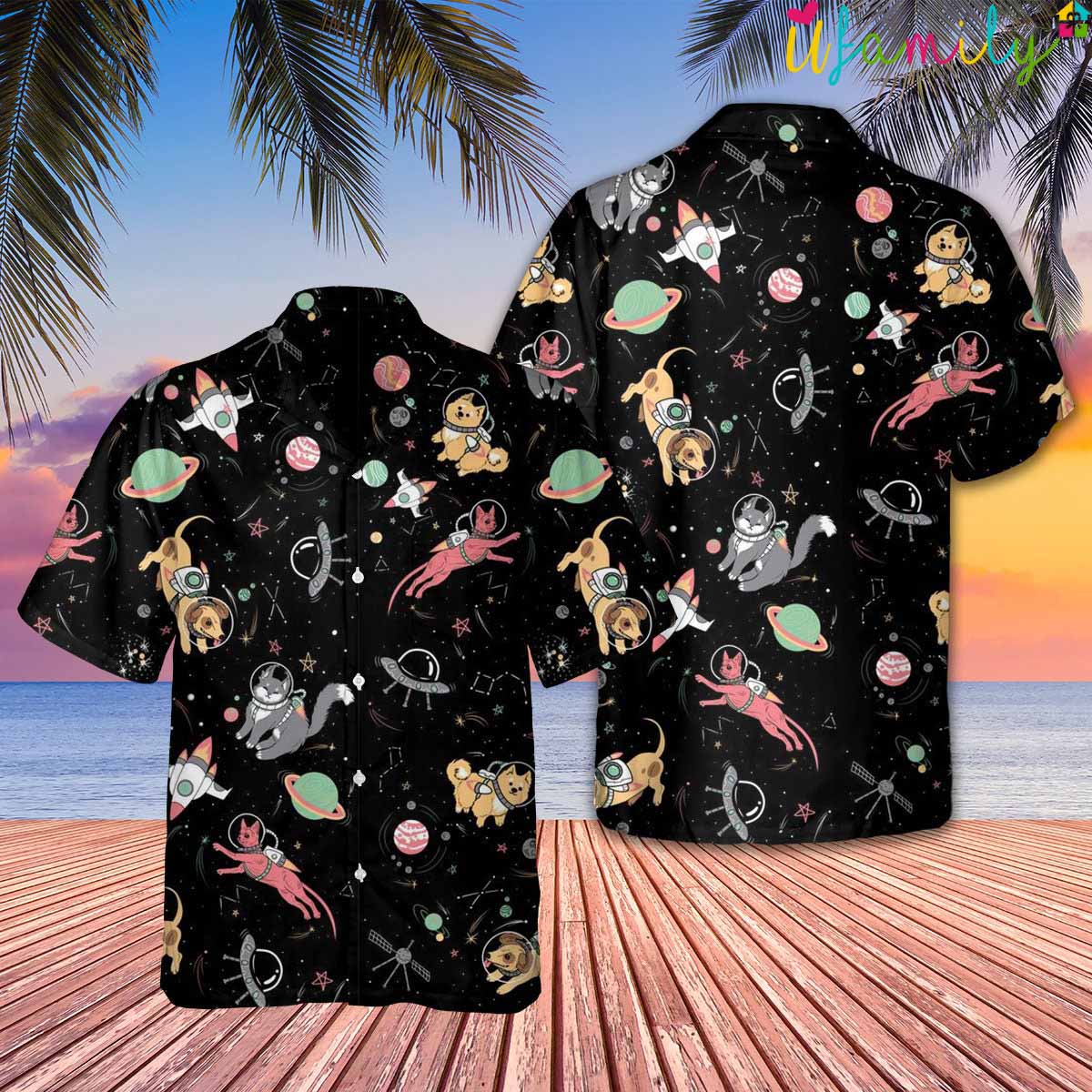 Funny Cat Astronaut Black Hawaiian Shirt