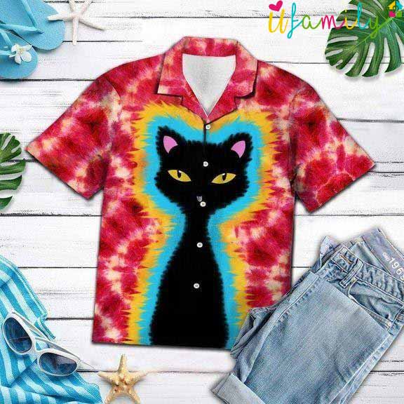 Halloween Tie Dye Black Cat Hawaiian Shirt
