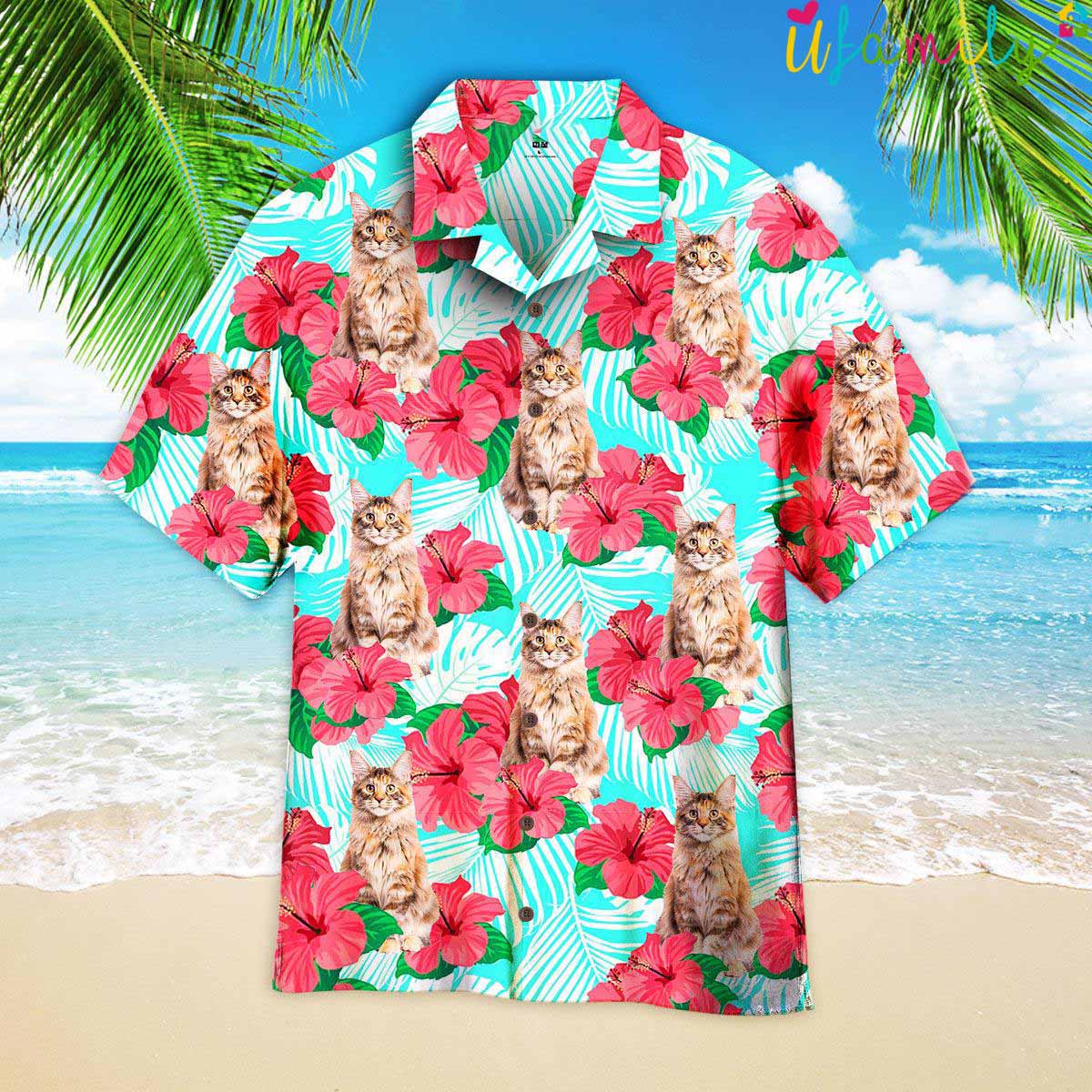 Maine Coon Cat Floral Pattern Hawaiian Shirt