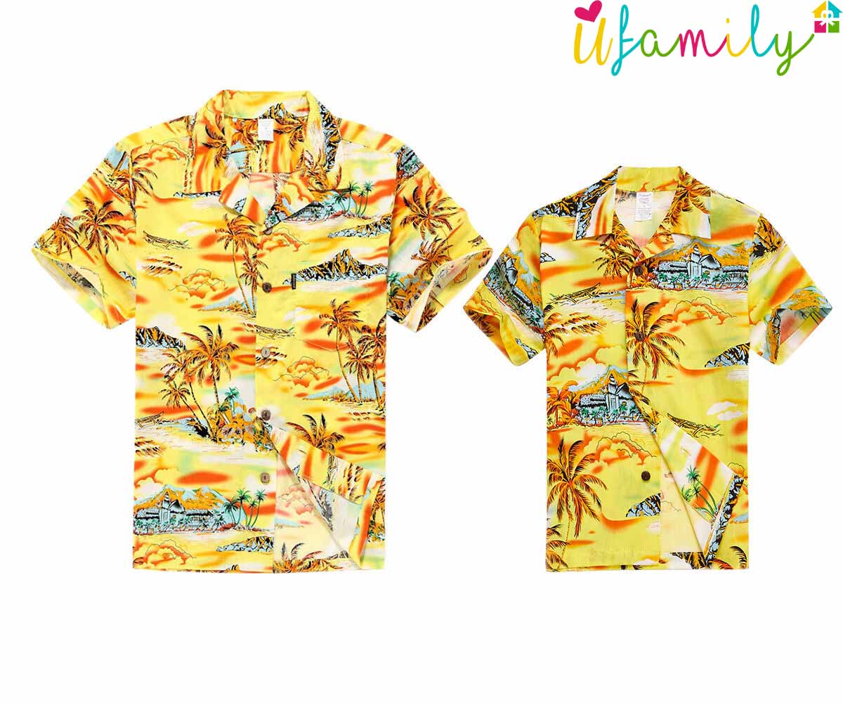 Yellow Sunset Palm Father Son Hawaiian Shirts